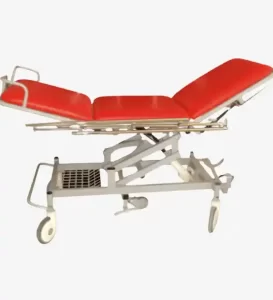 CHARIOT DE TRANSPORT DE MALADE À HAUTEUR VARIABLE HYDRAULIQUE AVEC BARREAUX EN ALUMINIUM  POSE JAMBE ARTICULÉ ET  5ÉME ROUE