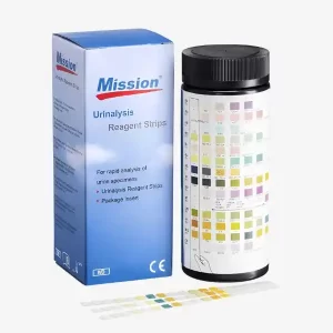 Boîte de 100 bandelettes urinaires pour tests rapides et fiables de glucose, protéines et autres paramètres urinaires.