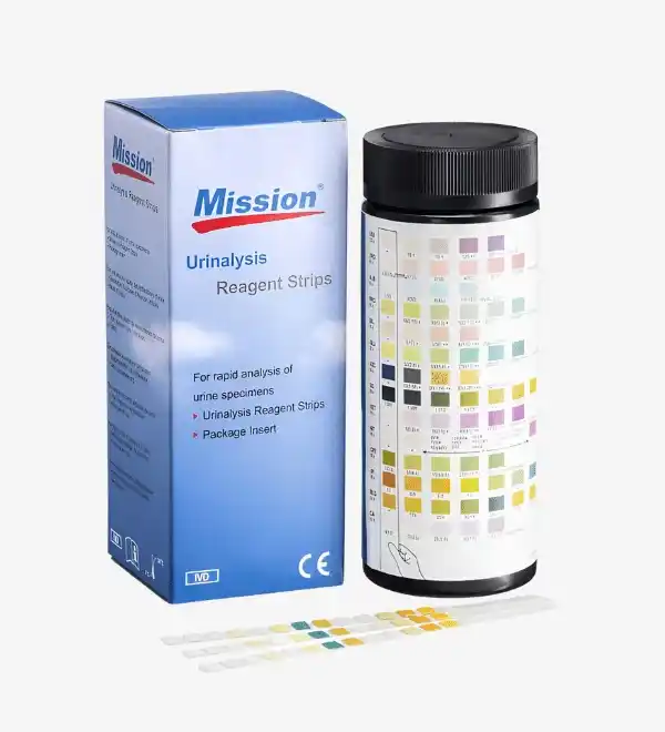Boîte de 100 bandelettes urinaires pour tests rapides et fiables de glucose, protéines et autres paramètres urinaires.