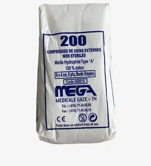 COMPRESSE PROPRE 8*4 12 plis bte de 200, compresses stériles pour nettoyage et protection des plaies.