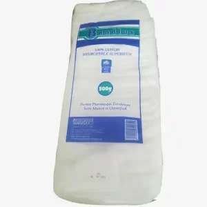 Coton hydrophile médical 500g en pot, idéal pour les soins de la peau, le démaquillage et les applications médicales.