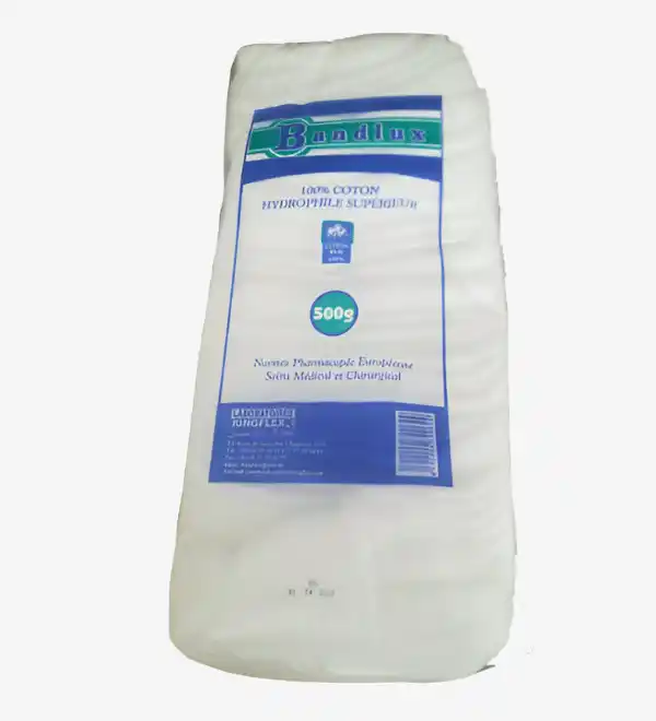 Coton hydrophile médical 500g en pot, idéal pour les soins de la peau, le démaquillage et les applications médicales.