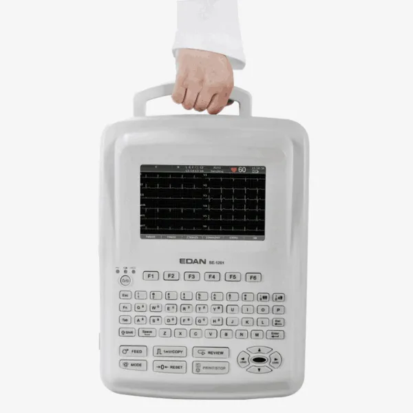 Appareil ECG EDAN SE-1201 à 12 pistes, compact et portable, avec écran LCD couleur, pour un diagnostic cardiovasculaire précis. Idéal pour les cliniques et hôpitaux.